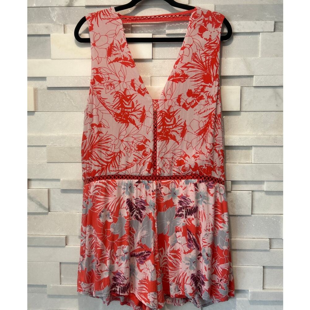 FREE PEOPLE Voile Santiago Tie Front Orange/Multi Floral Print Tank Romper M - Picture 3 of 6